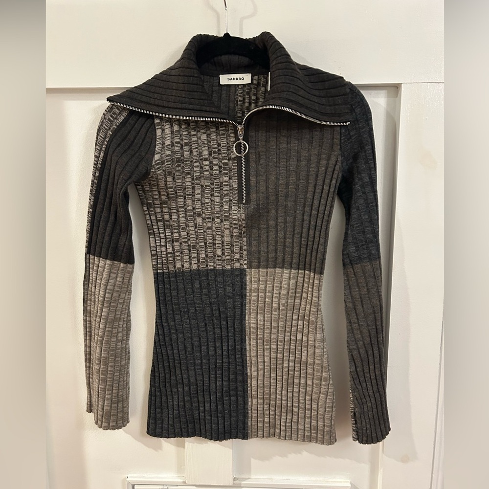 Sandro Moria Sweater color block 1/2 zip ribbed - Picture 4 of 8